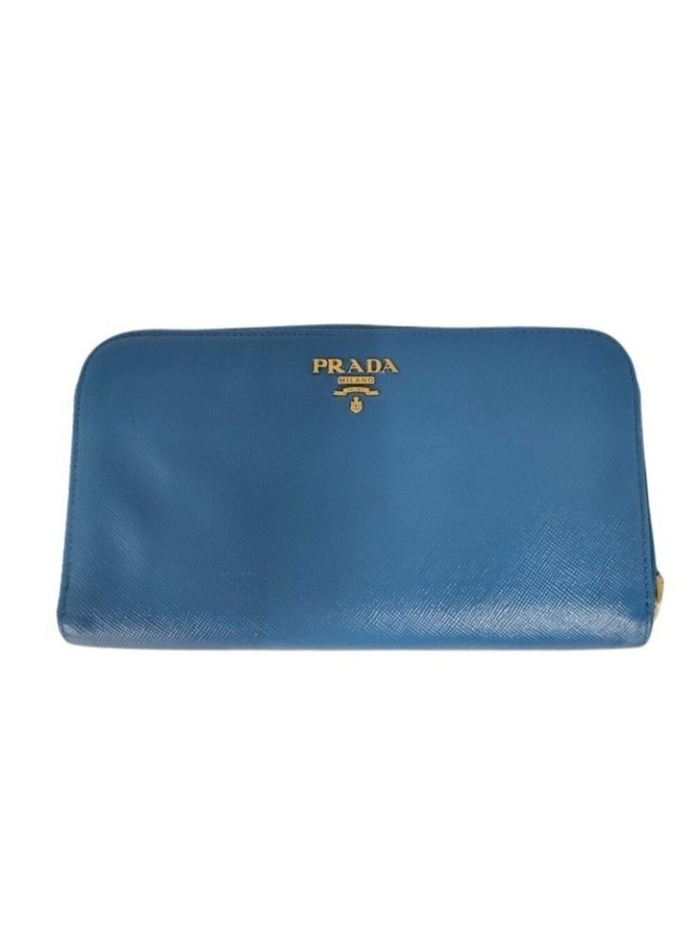 Prada Wallet Blue Saffiano Leather Zip Around Gold